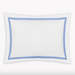 White pillow with a blue border on a white background