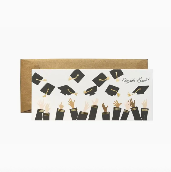 Graduation-themed card with caps and hands design on a white background