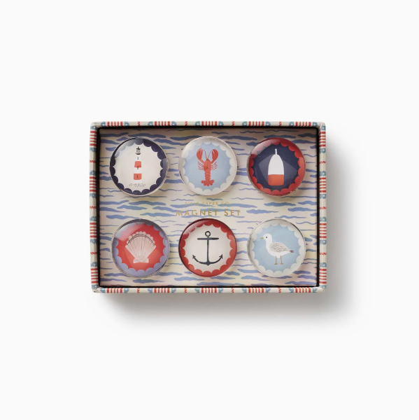 Set of six decorative plates with nautical designs in a box on a white background