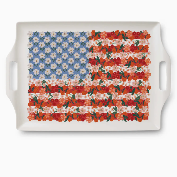 Decorative tray with floral American flag design on a white background