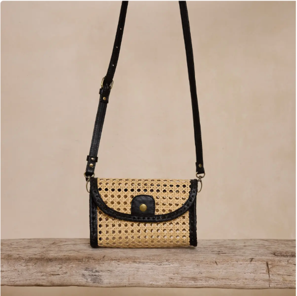 Black Rattan Clutch with Leather Trim and Crossbody Strap