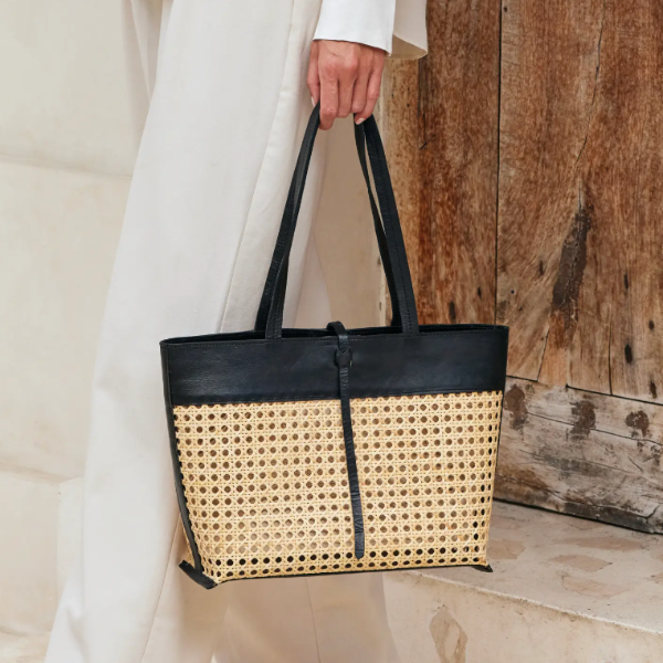 Rattan Cane Medium Tote with Black Leather Trim
