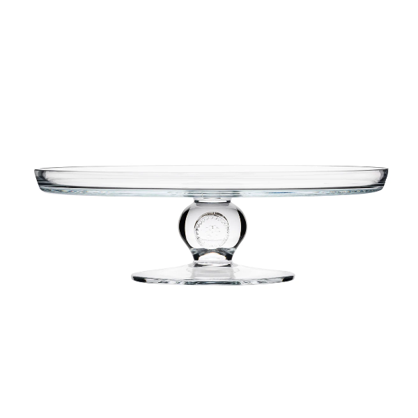 Clear glass cake stand on a white background