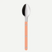 Stainless steel spoon with a beige handle on a white background