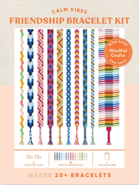 Friendship bracelet kit packaging with colorful bracelets and branding on a beige background