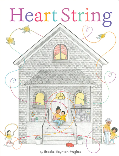 Illustrated book cover of 'Heart String' with a house and people on steps.