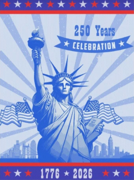 Illustration of the Statue of Liberty with text celebrating 250 years, featuring American flags and a city skyline.