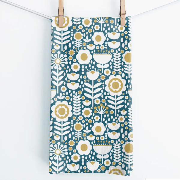 Folk Flowers Blue Tea Towel