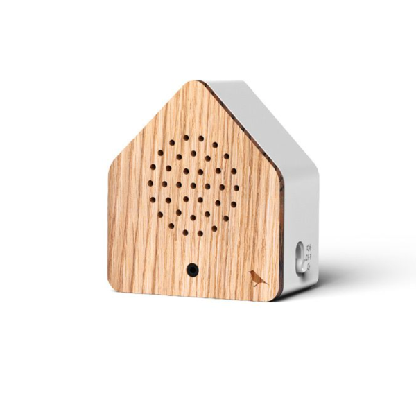 House-shaped device with wooden front and white sides on a white background