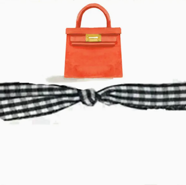 An orange structured handbag with a gold front clasp is shown above a black-and-white gingham bow on a plain white background.