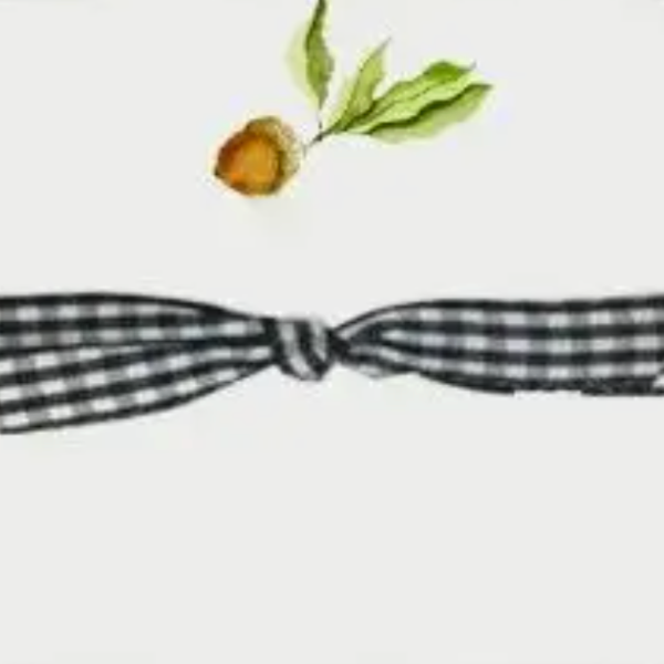 A black and white gingham checkered bow tie ribbon tied in a knot, shown against a plain white background with a small watercolor illustration of an acorn and green leaves above it.