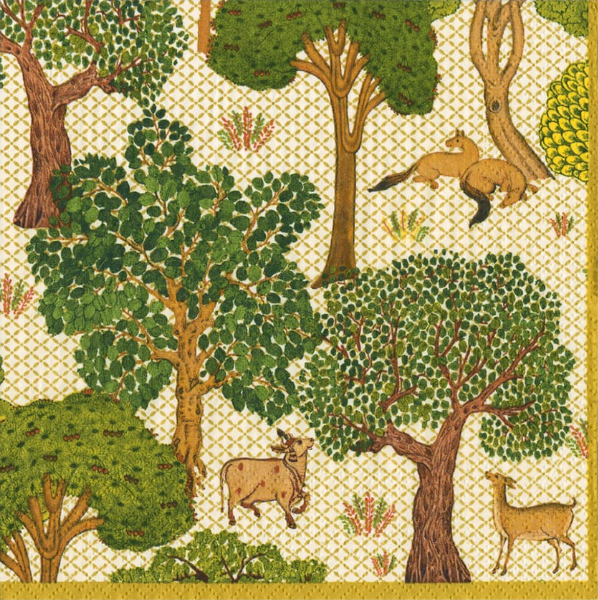 A repeating illustrated pattern of woodland trees, bushes, foxes, and deer on a cream lattice background, with a gold border along the bottom edge.
