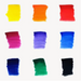 A 3x3 grid of watercolor paint swatches on a white background, showing yellow, orange, red, magenta, purple, blue, dark blue, green, and black colors with textured brushstrokes.