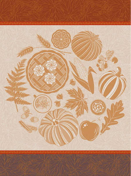 An autumn-themed graphic design featuring a collection of warm brown illustrations, including pumpkins, corn, acorns, leaves, and a basket of flowers, arranged on a textured beige background with decorative orange and brown borders at the top and bottom.