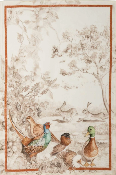 A tea towel featuring a vintage-style illustration of pheasants, a duck, rabbits, and trees in soft sepia tones with a rust-colored border.