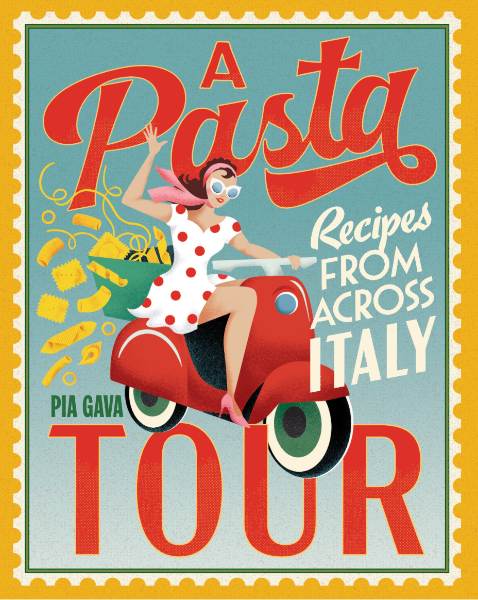 A retro-style illustrated poster or book cover reading 'A Pasta Recipes From Across Italy Tour' with a woman riding a red scooter and cheese motifs on a light blue background with a yellow border.