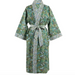 A green patterned kimono-style robe with a matching waist tie belt, featuring a dense floral and botanical print in shades of green, blue, and beige, shown against a plain white background.