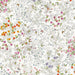 A repeating botanical and insect pattern on a white background, featuring delicate gray line-drawn leaves and stems with scattered flowers and butterflies in pink, orange, purple, blue, green, and yellow.