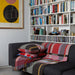 A cozy living room corner featuring a dark gray sofa with a pink, red, and gray plaid throw blanket and matching pillows. Behind the sofa is a large white bookshelf filled with books and media.