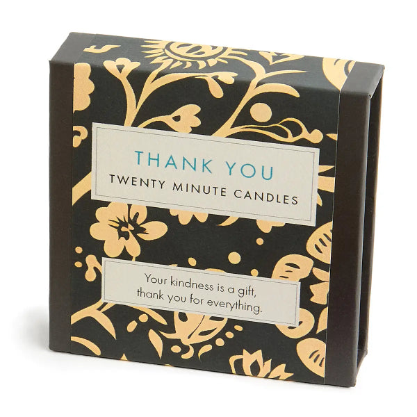 Box of 'Thank You' candles with floral design and text on a white background