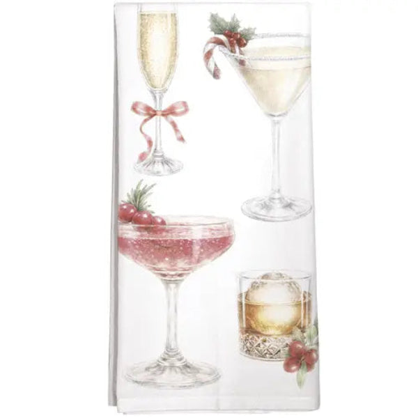 Packaged towel with illustrations of cocktail glasses and Christmas elements on a white background