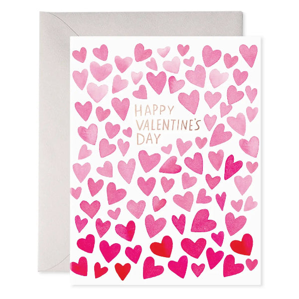Valentine's Day card with pink and red heart pattern and 'Happy Valentine's Day' text.