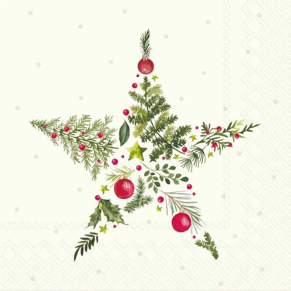 A Christmas-themed star-shaped arrangement made from green pine and holly branches, with red berries, red ornaments, and small yellow stars on a light cream background with subtle snowflake and textured border details.