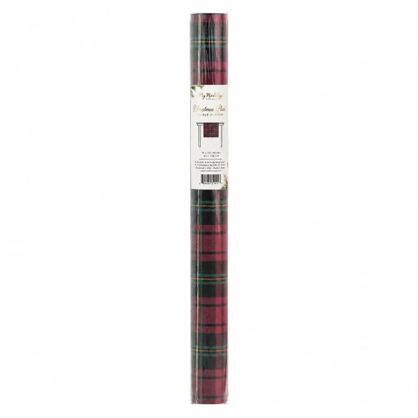 A roll of holiday-themed paper runner in a red, green, and black tartan plaid pattern, wrapped in clear plastic with a white paper label in the center.