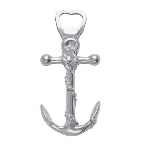 Silver anchor-shaped bottle opener on a white background