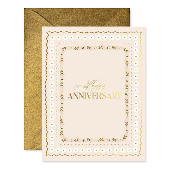 Greeting card with 'Happy Anniversary' text and gold envelope on a white background
