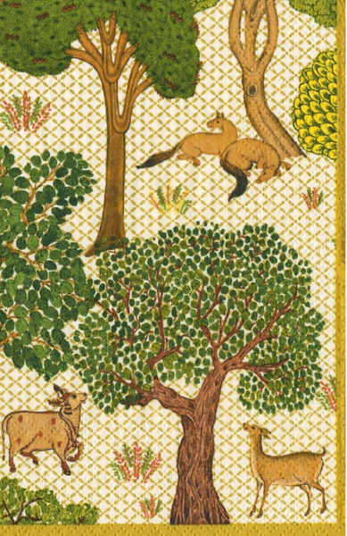 A square textile or fabric panel featuring a woodland scene with green trees, brown trunks, foxes, a goat, a deer, and a cream lattice background.