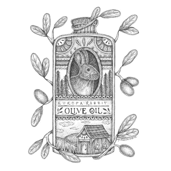 A monochrome hand-drawn illustration of an olive oil bottle with decorative leaf and olive branch motifs around it. The label features a rabbit portrait and the text 'EUROPA RABBIT OLIVE OILS'.