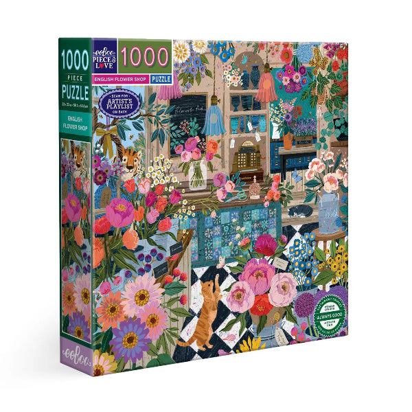 Jigsaw puzzle box with a colorful design of a flower shop and people, featuring the brand ' eeBoo'.