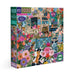 Jigsaw puzzle box with a colorful design of a flower shop and people, featuring the brand ' eeBoo'.
