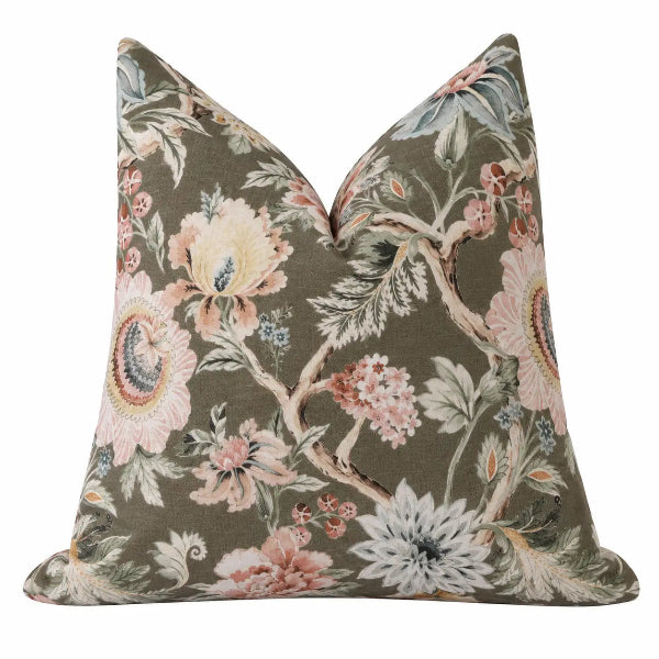 A square decorative throw pillow featuring an intricate floral and botanical pattern in muted tones of sage green, dusty pink, beige, and gray on a solid white background.