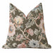 A square decorative throw pillow featuring an intricate floral and botanical pattern in muted tones of sage green, dusty pink, beige, and gray on a solid white background.