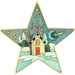 Star-shaped ornament with a winter scene, house, and 'Let it Snow' text.