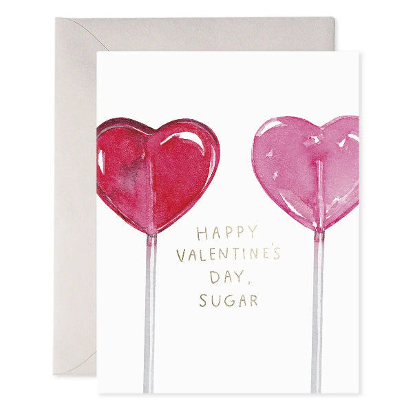 Valentine's Day card with heart-shaped lollipops and 'Happy Valentine's Day, Sugar' text.