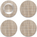 Four round woven coasters on a white background