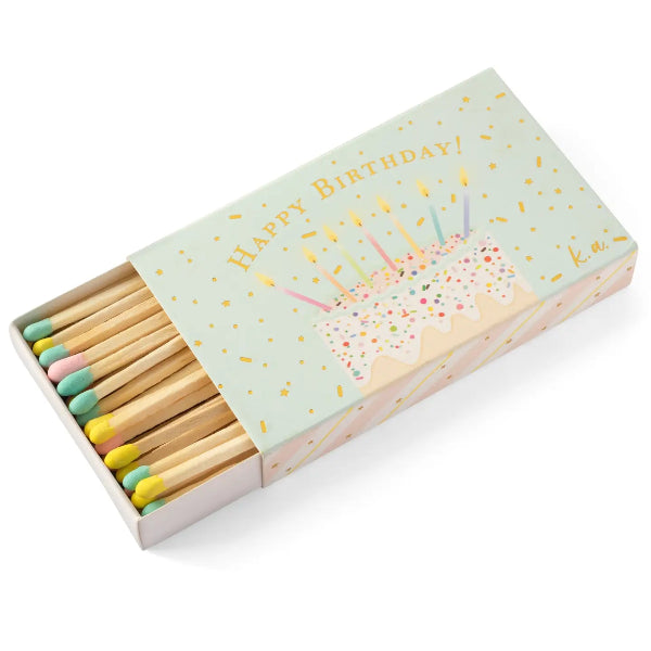 Matchbox with 'Happy Birthday' and cake illustration on a white background