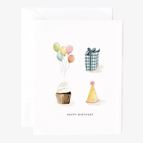 A white greeting card with a watercolor birthday illustration featuring balloons, a gift box, a cupcake, and a party hat, with the text 'HAPPY BIRTHDAY' below. A white envelope is partially visible behind the card on a light gray background.