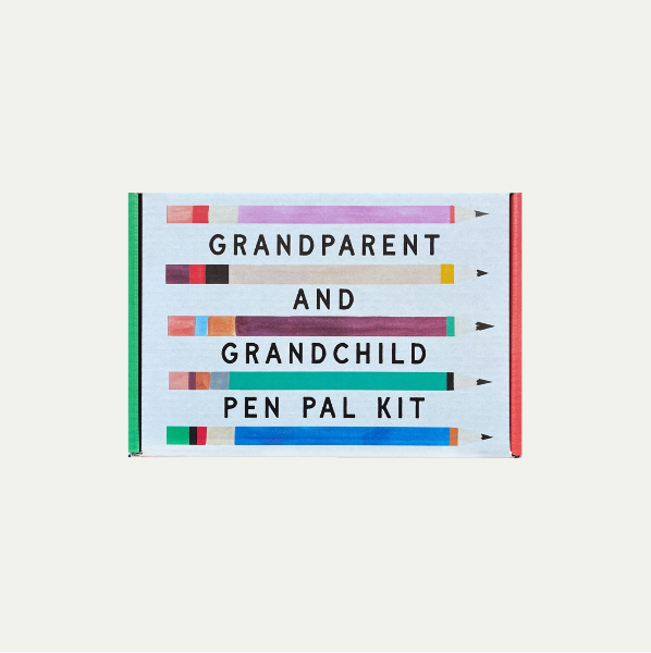 Pen pal kit for grandparents and grandchildren with colorful text on a white background