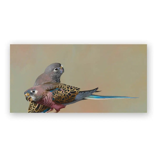A rectangular wall art print showing two painted birds perched against a soft beige background, displayed on a white wall.
