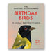 The Mincing Mockingbird 'Birthday Birds' card deck box, featuring a painted bird illustration on a light peach and gray background with bold red title text.