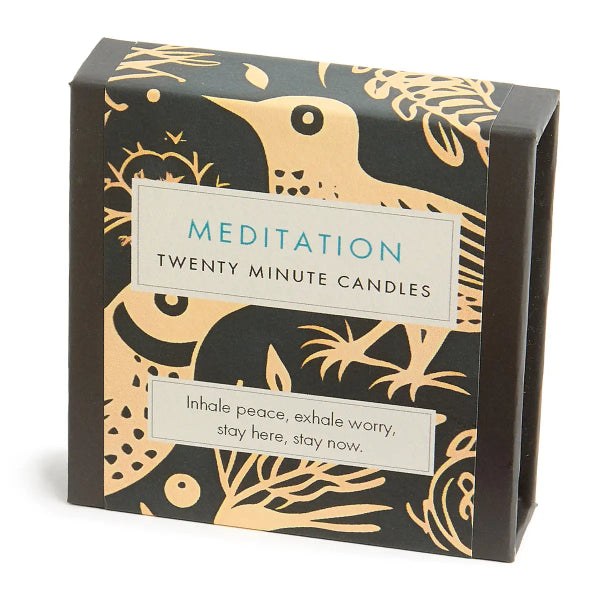 Box of Meditation Twenty Minute Candles with decorative design and text on a white background