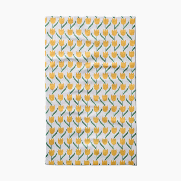 Towel with yellow tulip pattern on a white background