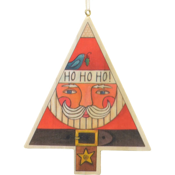 Decorative triangle ornament with a face and 'HO HO HO!' text on a white background