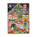 A colorful Christmas advent calendar shaped like a house, featuring multiple illustrated scenes on each floor including a Christmas tree, holiday dinner, stockings, gifts, and snowflakes in the night sky.