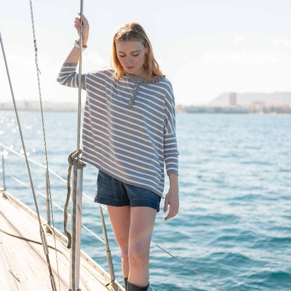 Catalina Cotton Ruffle Henley: Grey Stripe