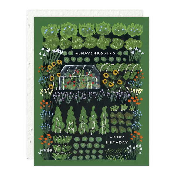 Greeting card with a garden illustration and text 'Always Growing, Happy Birthday' on a green background.